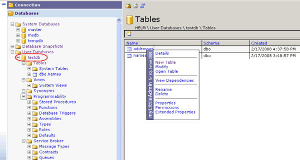 myLittleAdmin Tables Menu