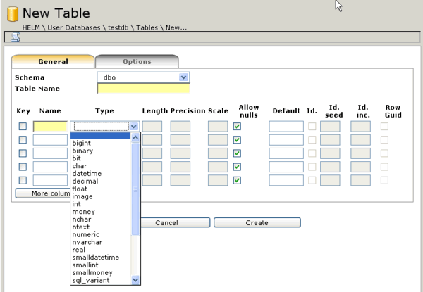 myLittleAdmin Table Creation Form