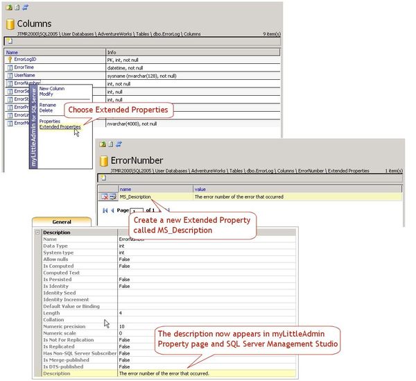 Need to add a description to your db, your tables or your columns? Use the Extended Properties