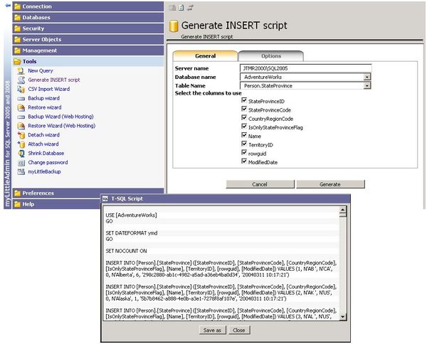 Generate T-SQL INSERT scripts from a table content in a single click