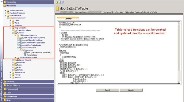 User Defined Functions and Table-valued Functions with myLittleAdmin